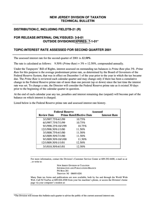 Technical Bulletin Form - New Jersey Division Of Taxation Printable pdf