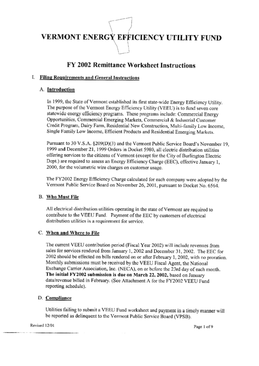 Fy 2002 Remittance Worksheet Instructions - Vermont Energy Efficiency Utility Fund Printable pdf