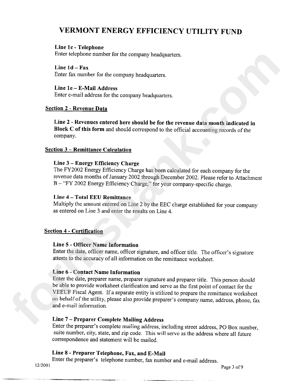 Fy 2002 Remittance Worksheet Instructions - Vermont Energy Efficiency Utility Fund