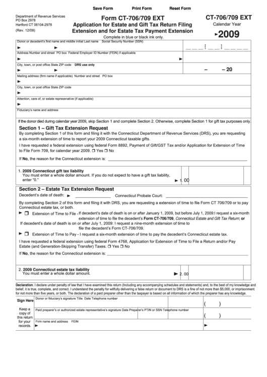 Fillable Form Ct-706/709 Ext - Application For Estate And Gift Tax Return Filing Extension And For Estate Tax Payment Extension - 2009 Printable pdf