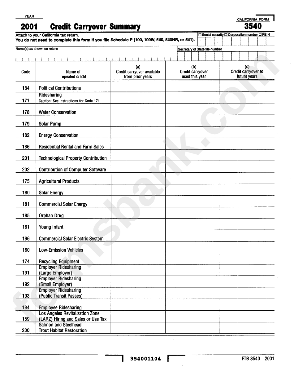 Form 3540 Credit Carryover Summary 2001 printable pdf download
