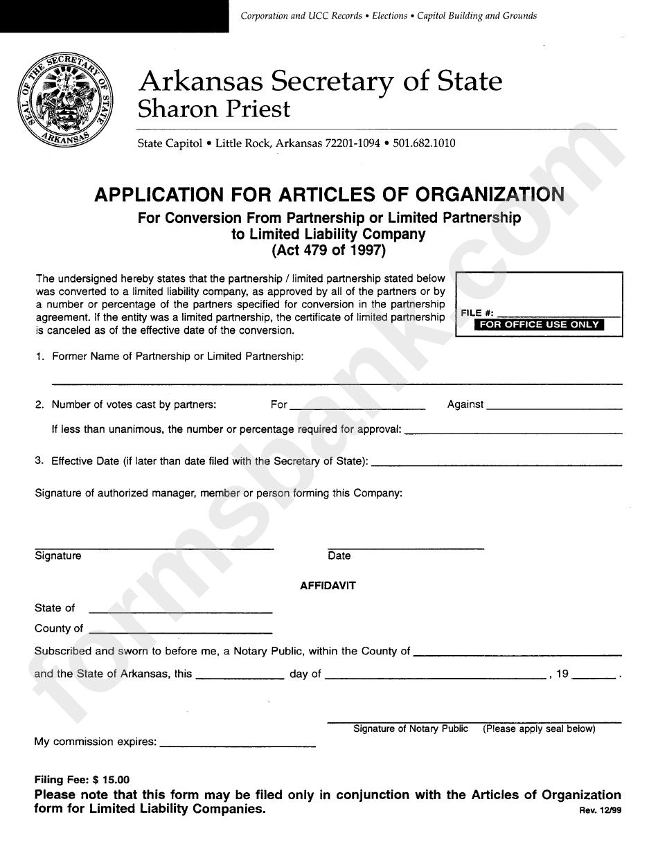 Application For Articles Of Organization Form December 1999