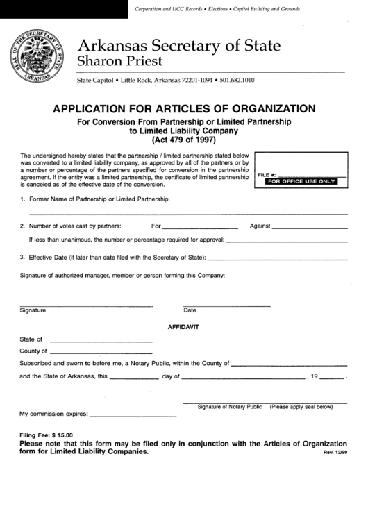 Application For Articles Of Organization Form December 1999 Printable pdf