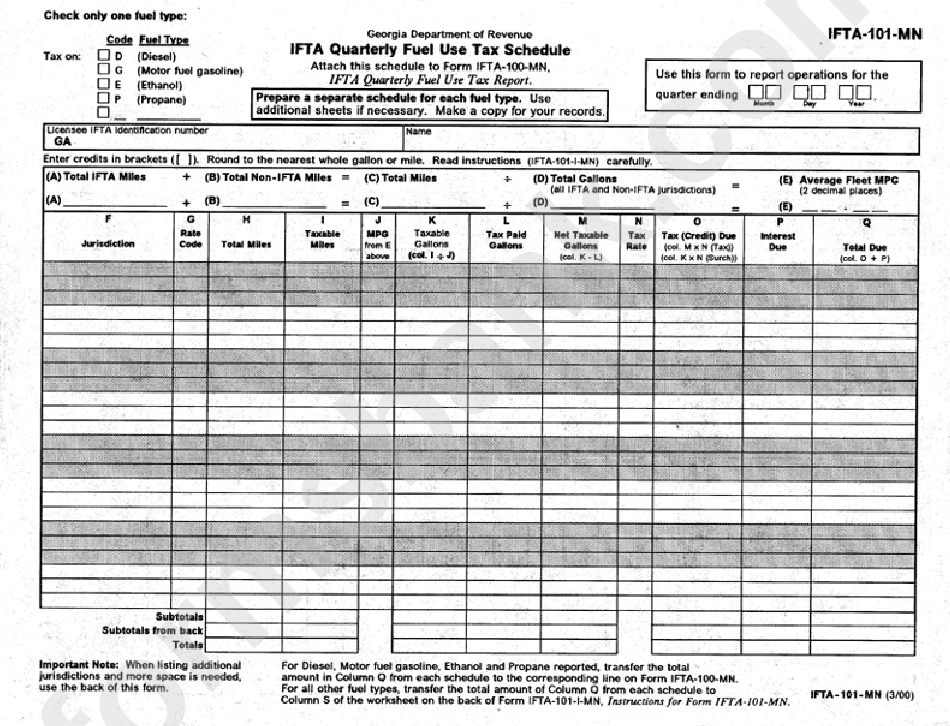 Form Ifta-101-Mn - Ifta Quarterly Fuel Use Tax Schedule March - 2000