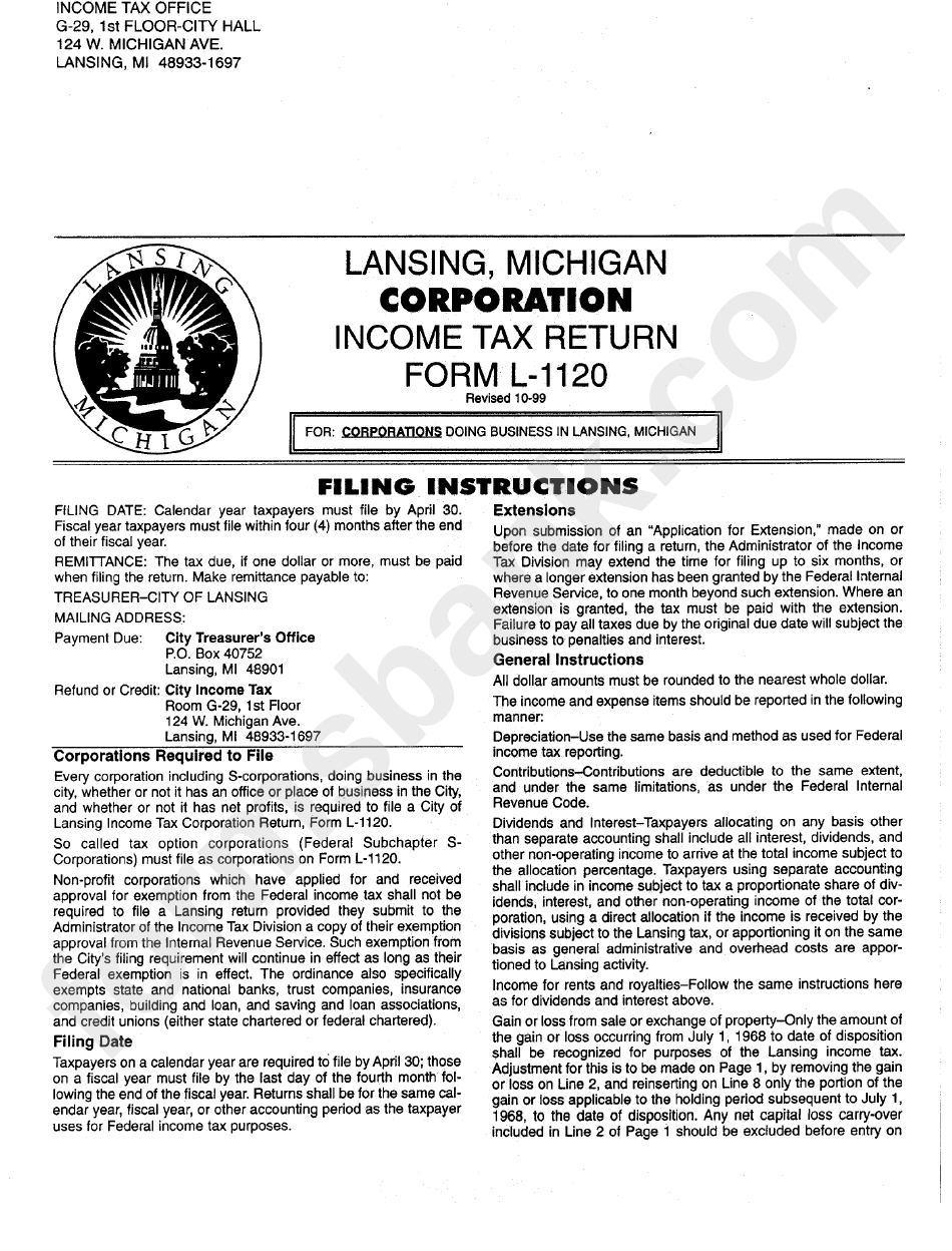 Filing Instructions For Income Tax Return Form L-1120 October 1999