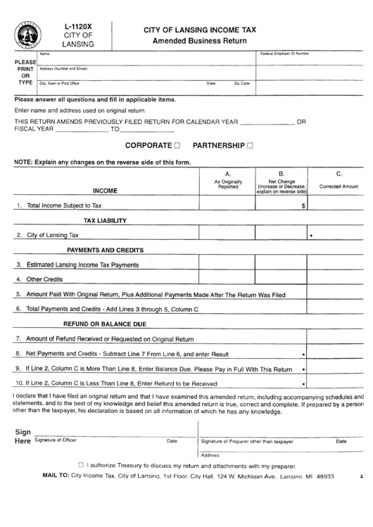 Form L-1120x - Amended Business Return Printable pdf