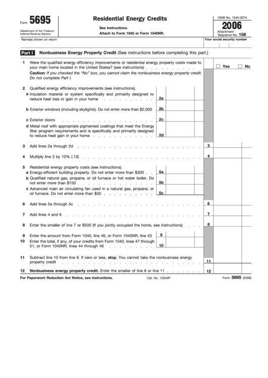 Fillable Form 5695 - Residential Energy Credits - Internal Revenue Service - 2006 Printable pdf