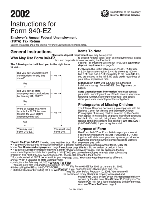Instructions For Form 940-ez - Employer's Annual Federal Unemployment (futa) Tax Return - Internal Revenue Service - 2002