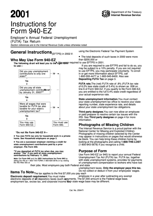 Instructions For Form 940-ez - Employer's Annual Federal Unemployment (futa) Tax Return - Internal Revenue Service - 2001
