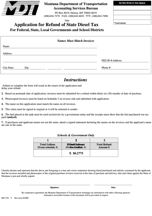 Form Mf-27g - Application For Refund Of State Diesel Tax September 2000 Printable pdf