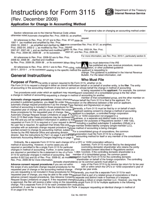 Instructions For Form 3115 - Application For Change In Accounting Method - Internal Revenue Service - 2009 Printable pdf