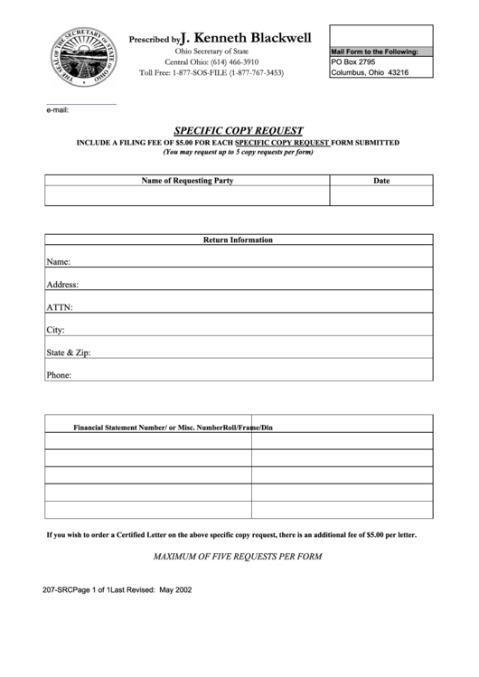 Fillable Form 207-Src - Specific Copy Request May 2002 Printable pdf