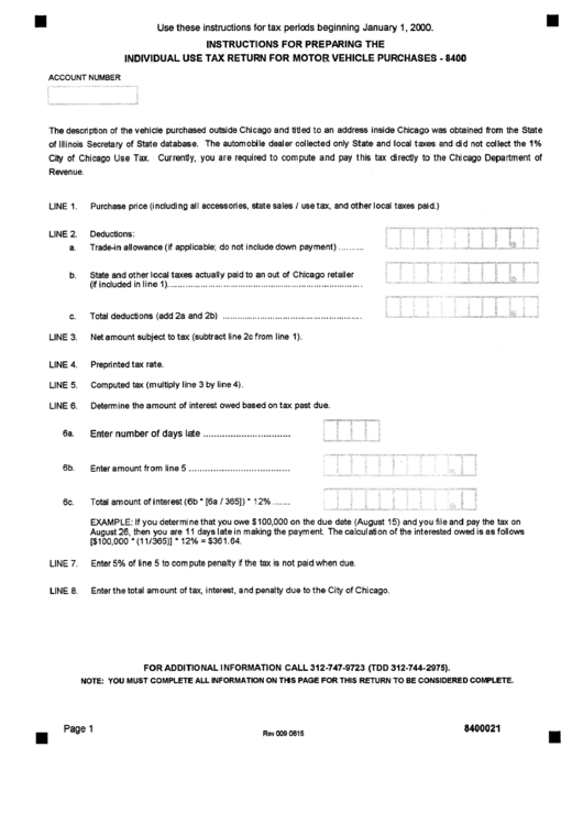 Instructions For Form 8400 Preparing The Individual Use Tax Return For Motor Vehicle Purchases Printable pdf