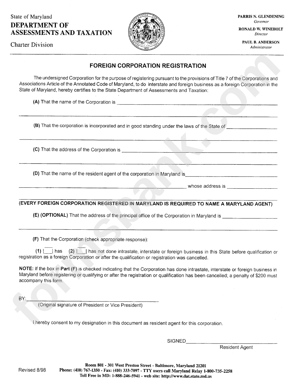 Foreign Corporation Registration Form August 1998