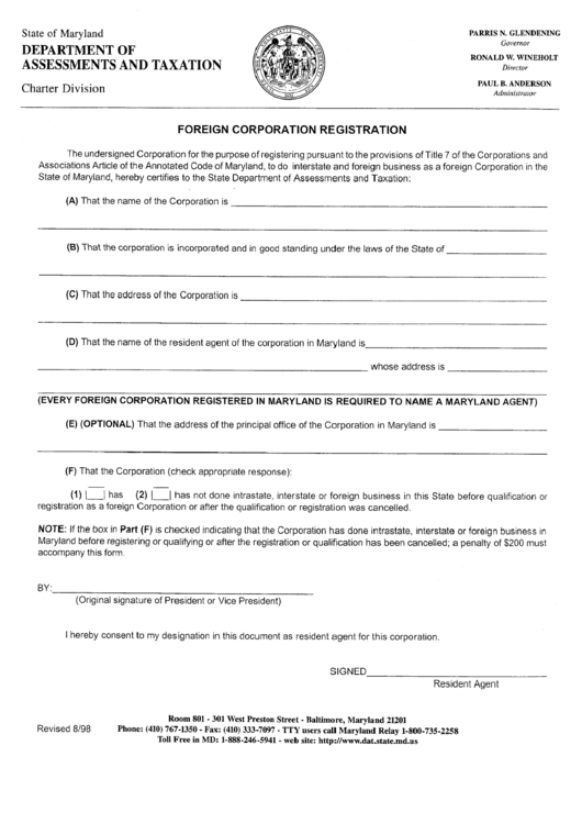 Foreign Corporation Registration Form August 1998 Printable pdf