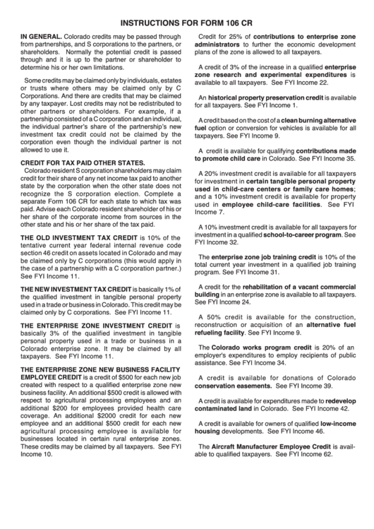 Instructions For Form 106 Cr - Colorado Pass-Through Entity Credit - Colorado Department Of Revenue Printable pdf