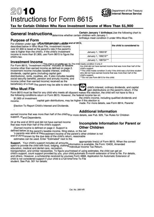 Instructions For Form 8615 - Tax For Certain Children Who Have Investment Income Of More Than 1,900 - Internal Revenue Service - 2010 Printable pdf