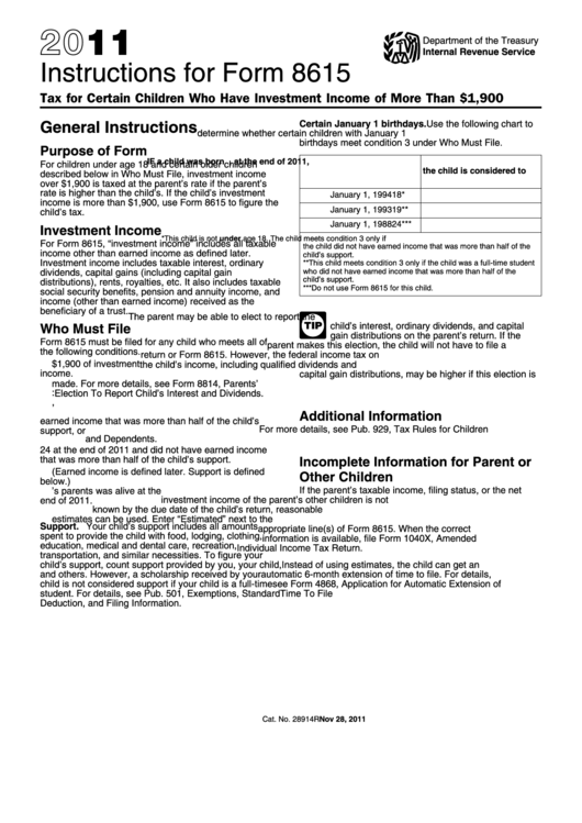 Instructions For Form 8615 - Tax For Certain Children Who Have Investment Income Of More Than 1,900 - Internal Revenue Service - 2011 Printable pdf