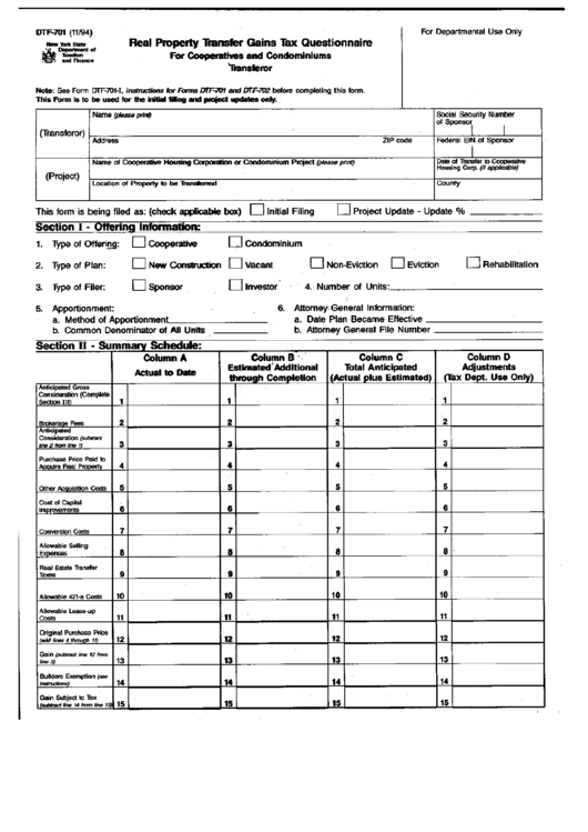 Form Dtf-701 - Real Property Transfer Gains Tax Questionnaire November 1994 Printable pdf