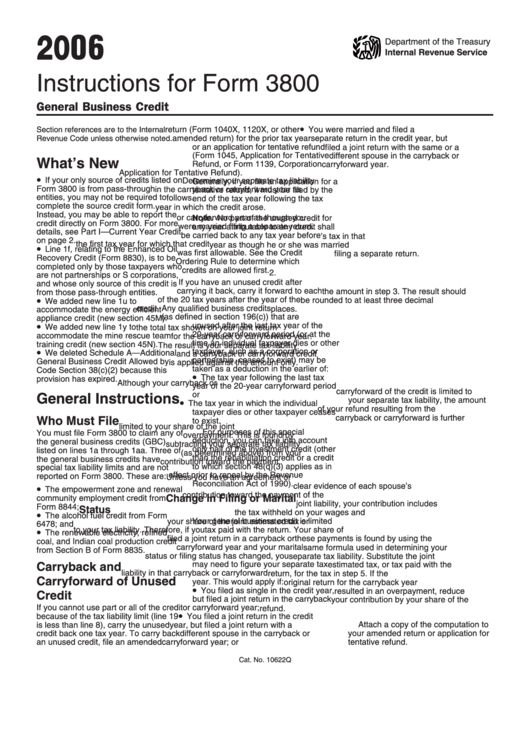 Instructions For Form 3800 - General Business Credit - Internal Revenue Service - 2006 Printable pdf