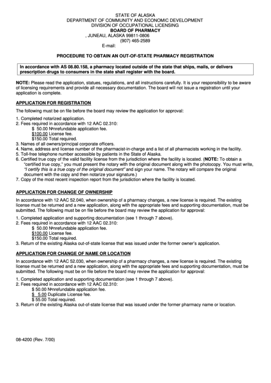 Form 08-4200 - Procedure To Obtain An Out-Of-State Pharmacy Registration - Alaska Department Of Community And Economic Development Printable pdf