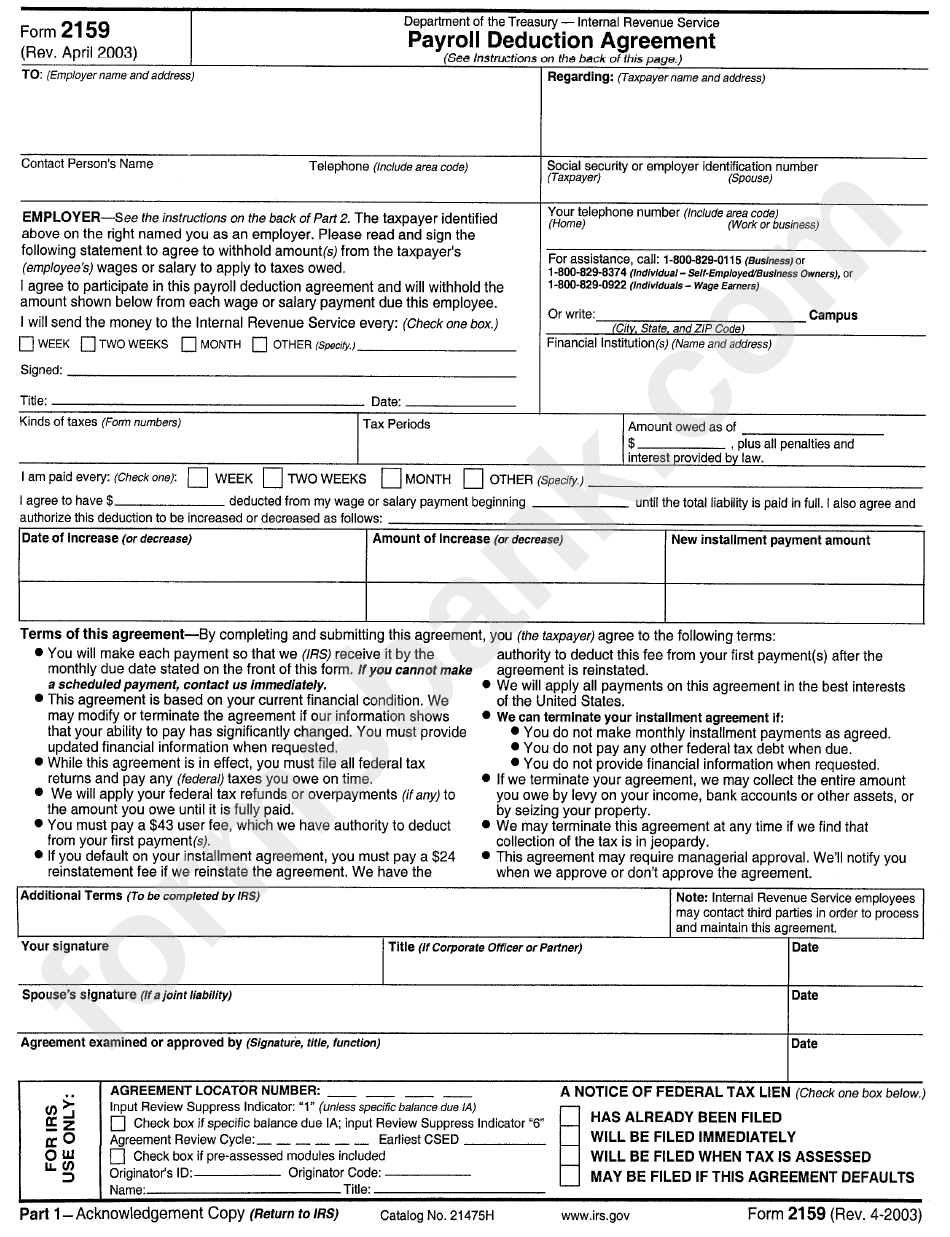 Form 2159 - Payroll Deduction Agreement - Internal Revenue Service - 2003