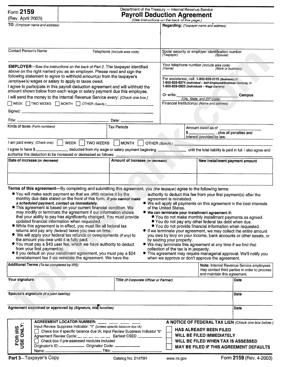 Form 2159 - Payroll Deduction Agreement - Internal Revenue Service - 2003