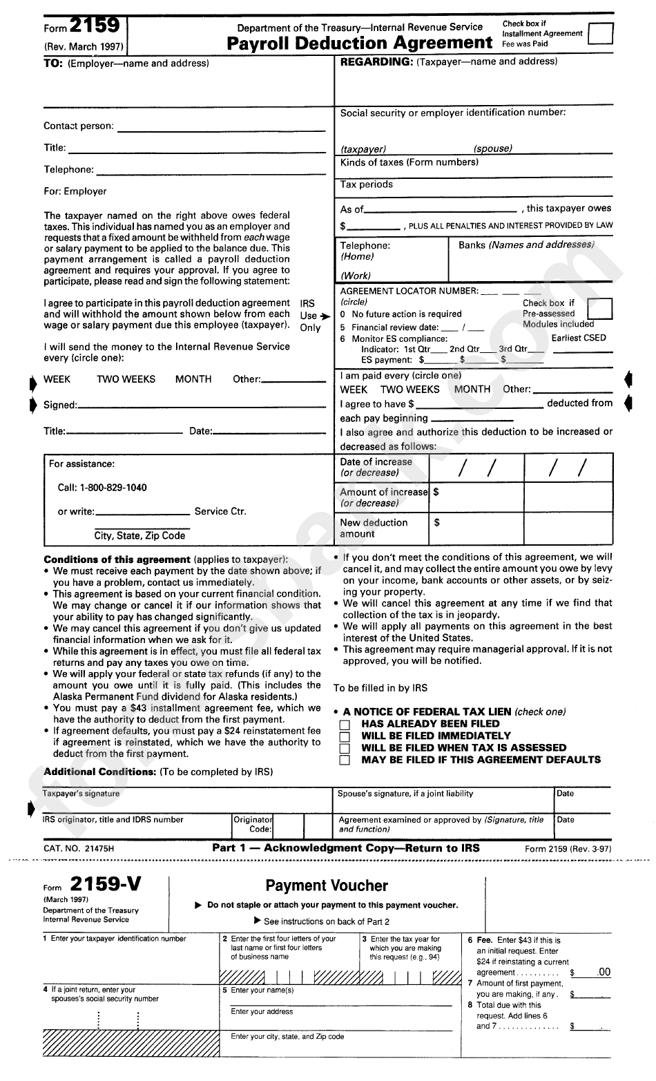 Form 2159 - Payroll Deduction Agreement - Internal Revenue Service - 1997