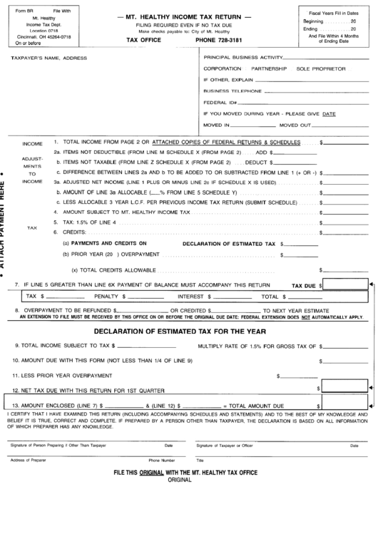 Form Br - Income Tax Return Printable pdf