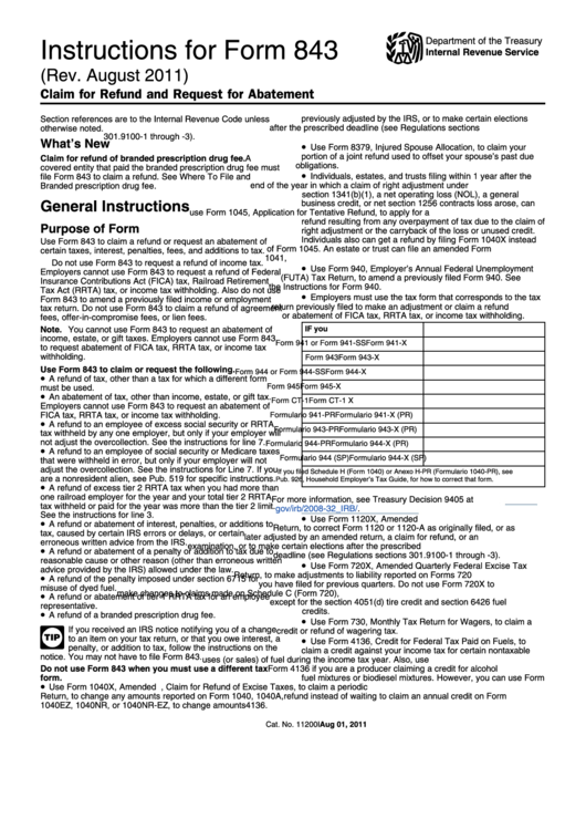 Instructions For Form 843 - Claim For Refund And Request For Abatement - Internal Revenue Service - 2011 Printable pdf