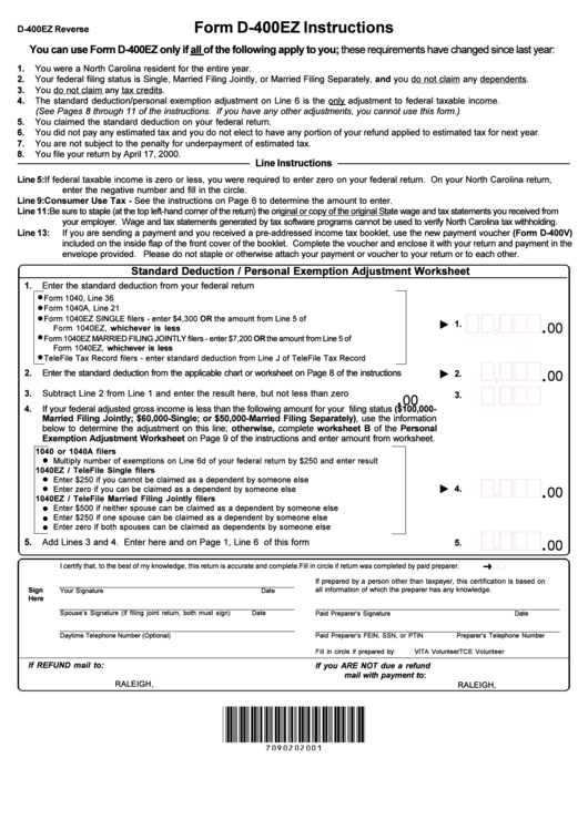 Form D-400ez Instructions - North Carolina Department Of Revenue Printable pdf