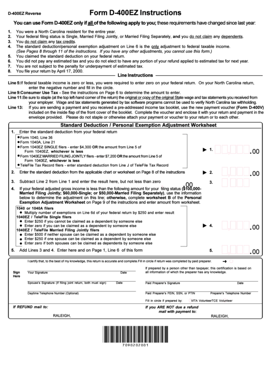 Form D 400ez Instructions North Carolina Department Of Revenue 