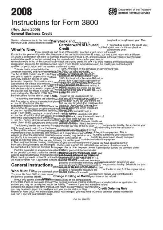 Instructions For Form 3800 - General Business Credit - Internal Revenue Service - 2008 Printable pdf