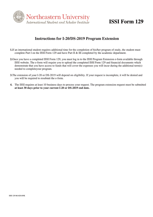 Issi Form 129 - Instructions For I-20/ds-2019 Program Extension Printable pdf