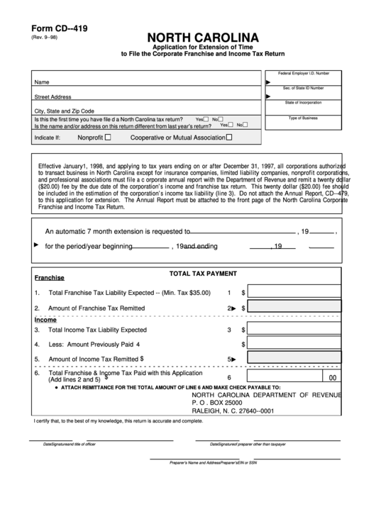 Fillable Form Cd-419 - Application For Extension Of Time To File The Corporate Franchise And Income Tax Return - North Carolina Department Of Revenue Printable pdf