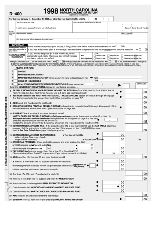 Fillable Form D-400 - Individual Income Tax Return - North Carolina Department Of Revenue - 1998 Printable pdf