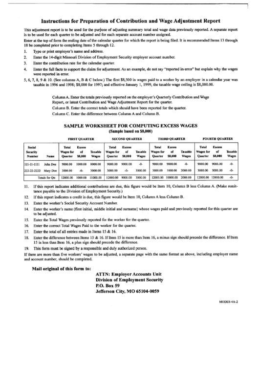 Instructions For Preparation Of Contribution And Wage Adjustment Report Form Missouri - Employer Accounts Unit Division Of Employment Security Printable pdf