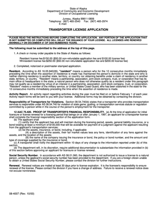 Transporter License Application Form - Alaska Department Of Community And Economic Development Printable pdf