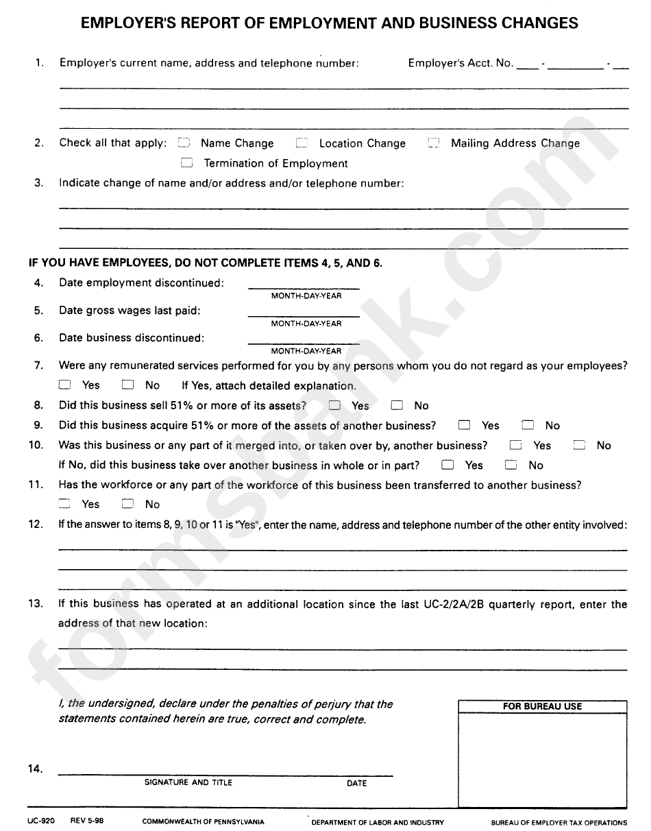 Form Uc-920 - Employer