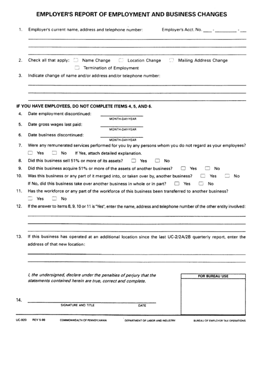 Form Uc-920 - Employer