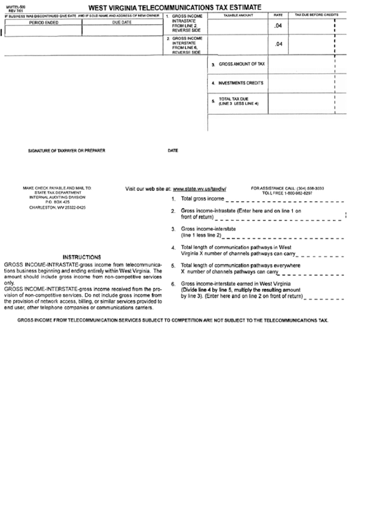 Form Wv/tel-500 - West Virginia Telecommunications Tax Estimate Printable pdf