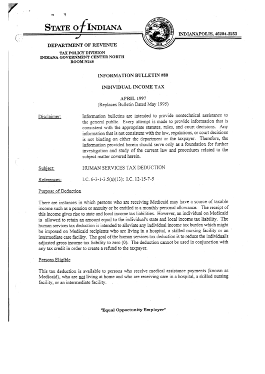 Individual Income Tax Information Bulletin Form - Indiana Department Of Revenue Printable pdf