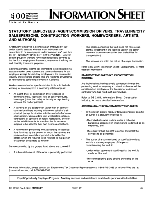 Form De 231se - Statutory Employees Information Sheet Printable pdf
