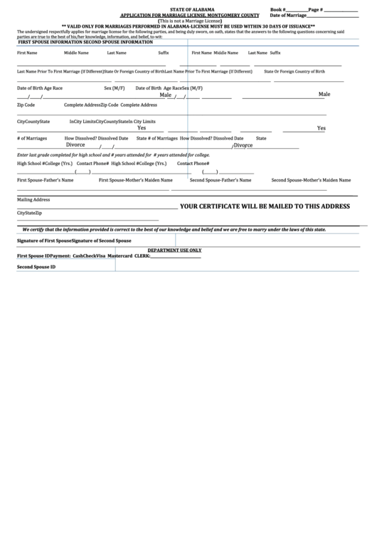 Fillable Application For Marriage License Form - Montgomery County, Alabama Printable pdf
