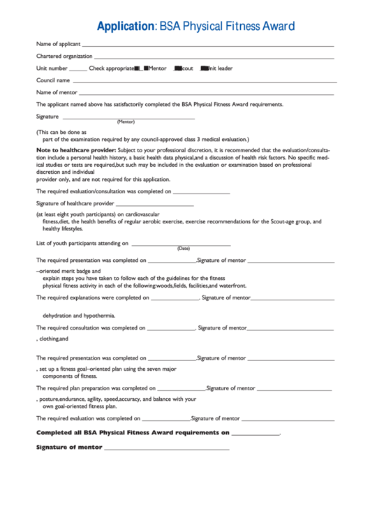 Bsa Physical Fitness Award Form Printable pdf