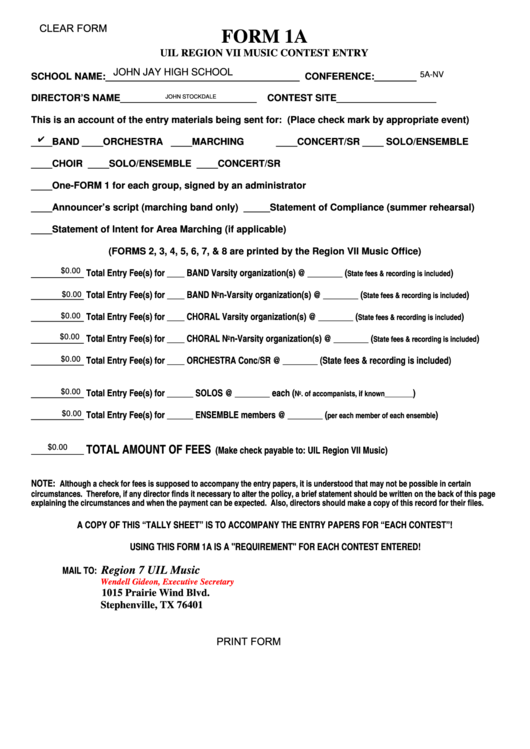 Form 1a - Uil Region Vii Music Contest Entry Printable pdf