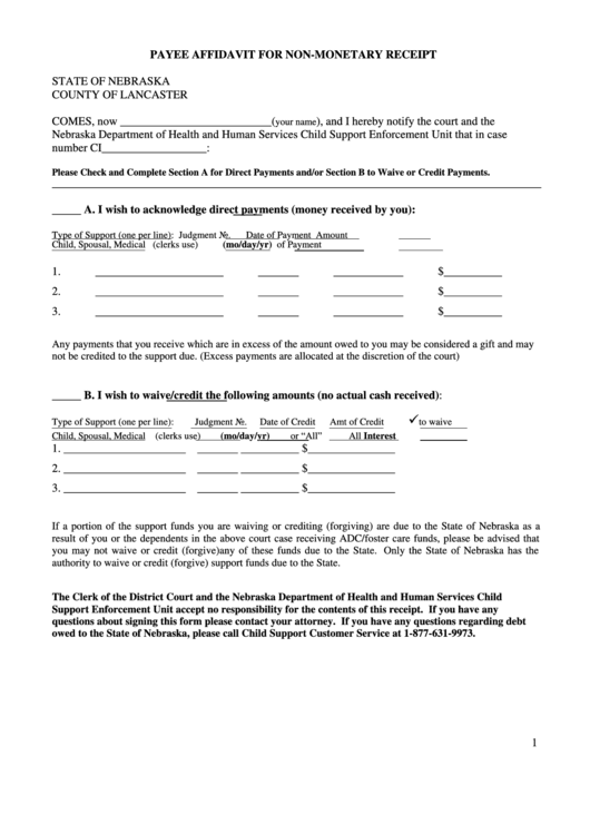 Fillable Payee Affidavit For Non-Monetary Receipt Form Printable pdf