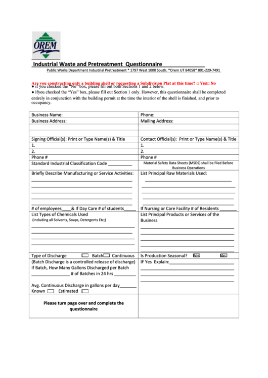 Industrial Waste And Pretreatment Questionnaire Template Printable pdf