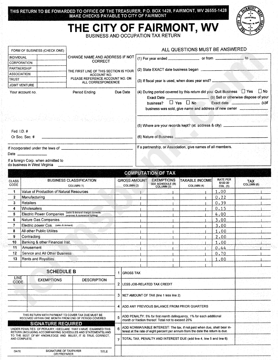 Business And Occupation Tax Return Form