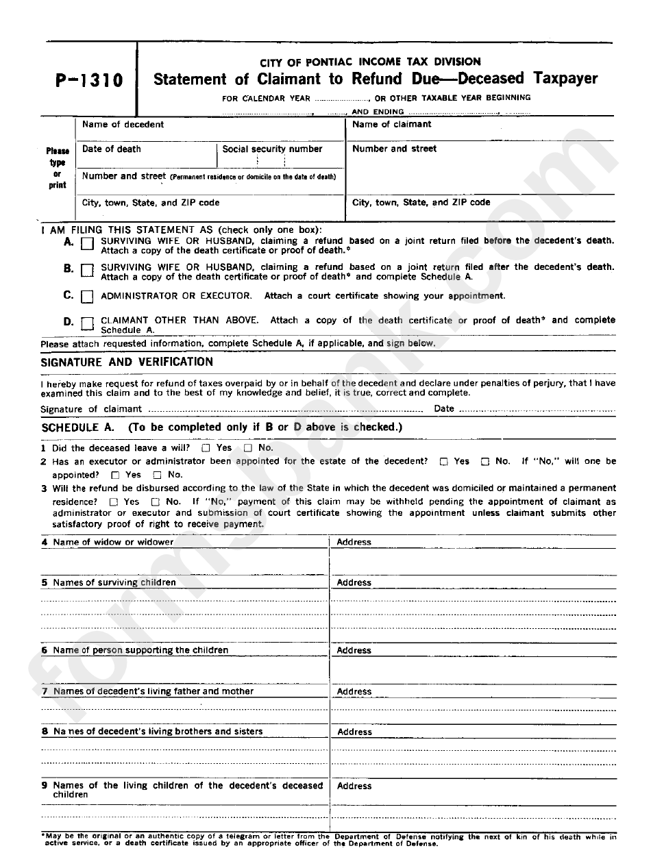 Form P1310 Statement Of Claimant To Refund Due Deceased Taxpayer 